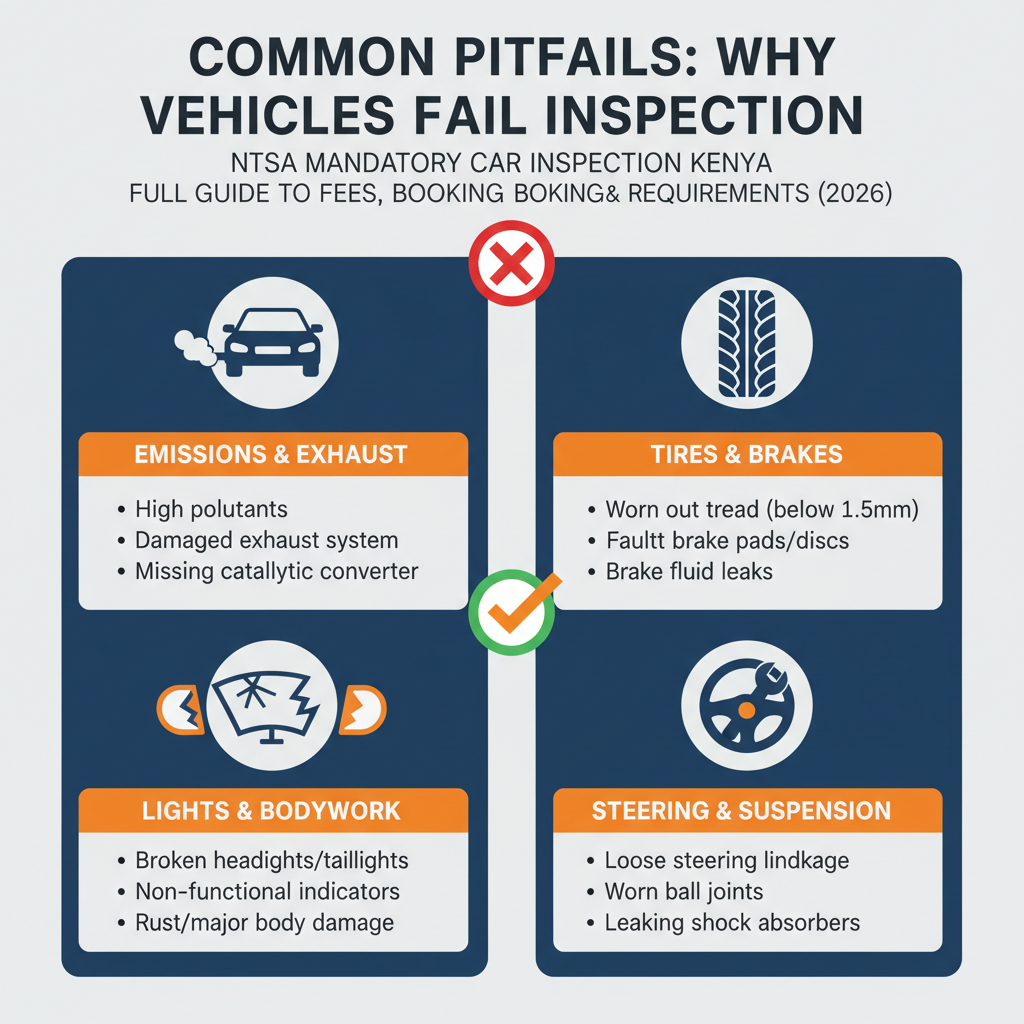 Common Pitfalls: Why Vehicles Fail Inspection - NTSA Mandatory Car Inspection Kenya: Full Guide to Fees, Booking & Requirements (2026)